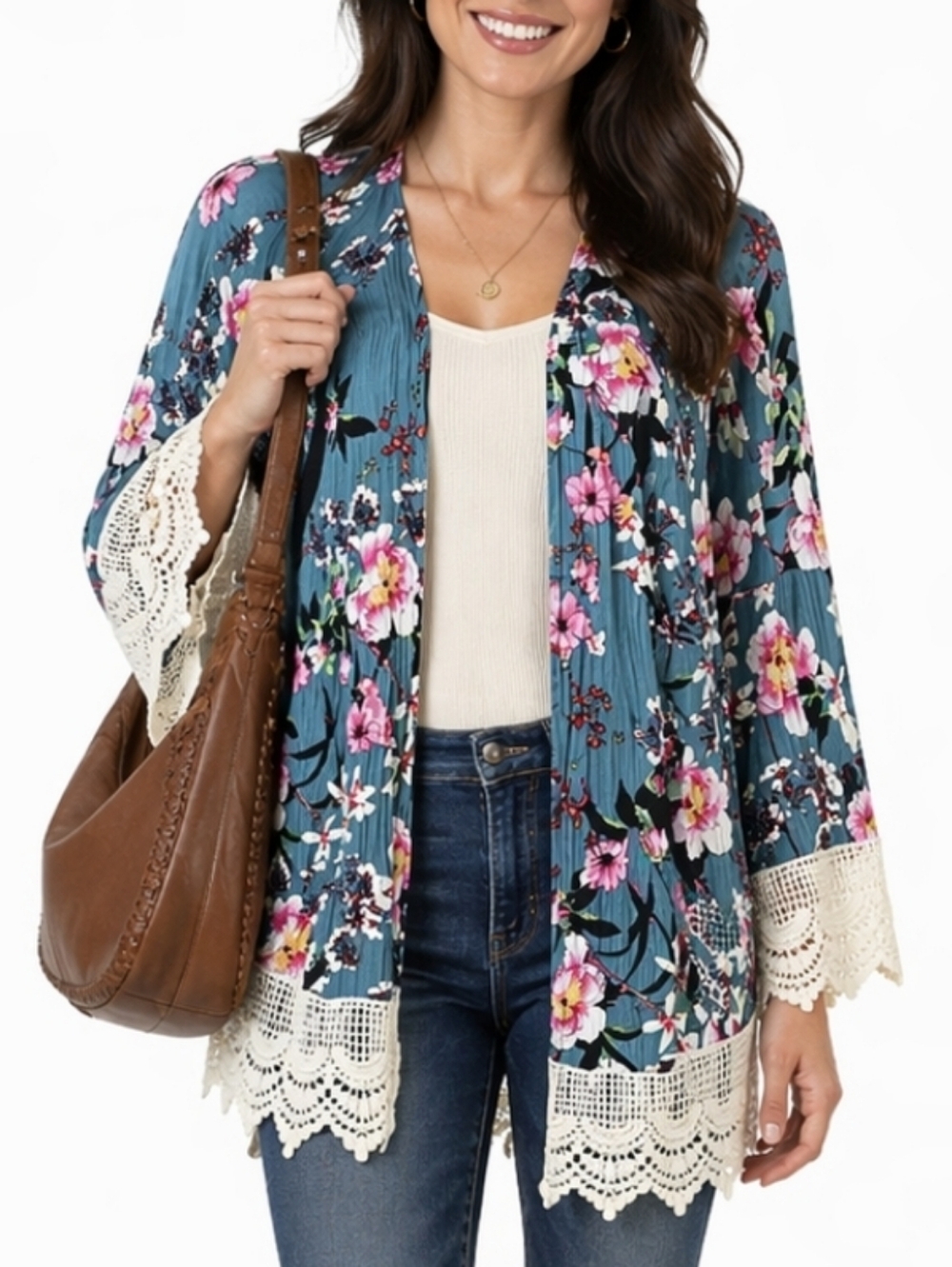 Umgee Crinkled Rayon Blue & Pink Floral Print Crochet Lace Trim Kimono Cardigan